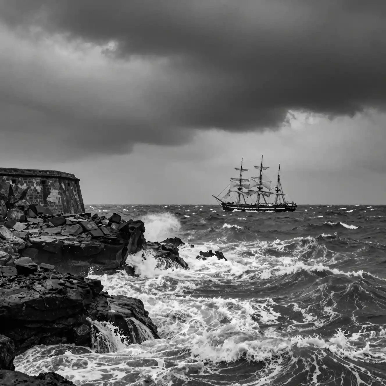 Historic sailing ship on stormy sea by rocky coastline