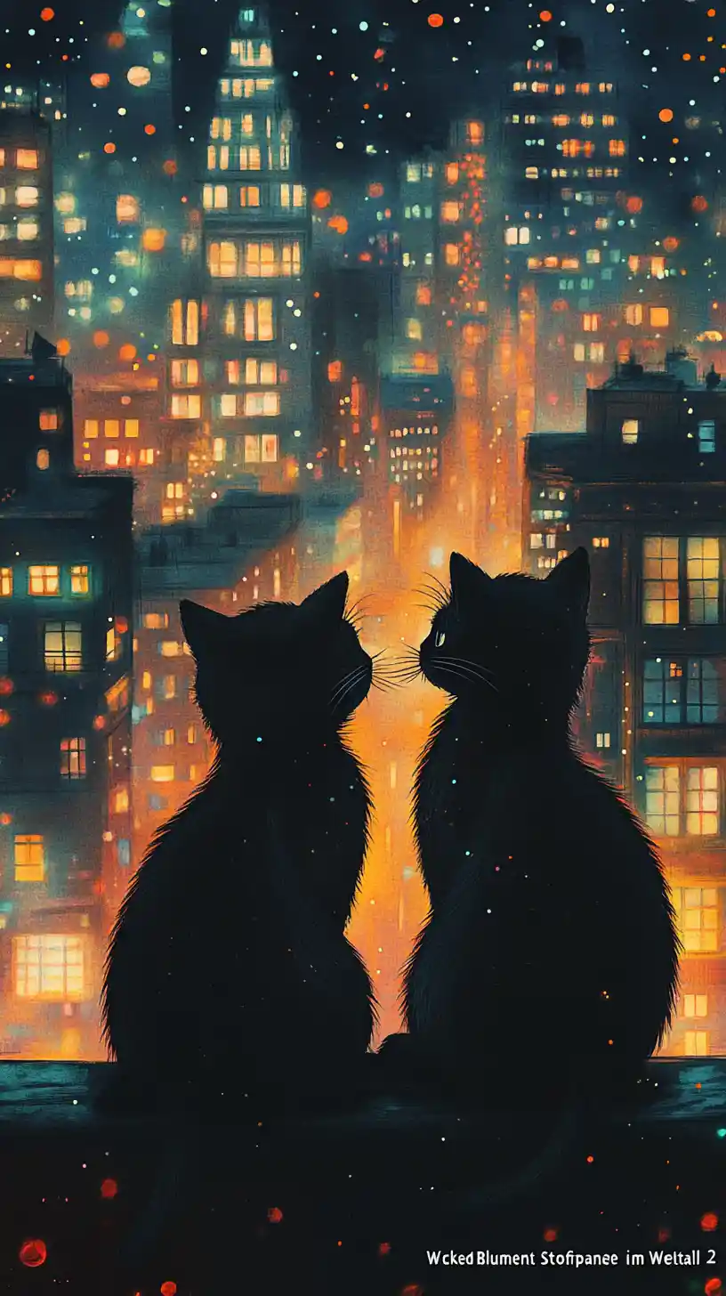 Two black cats in a dreamy colorful night cityscape