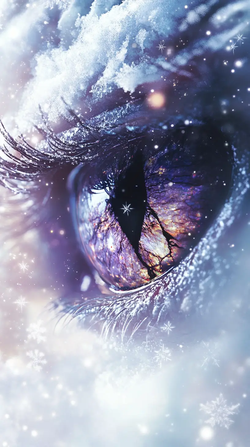 Cosmic close up of an ethereal dragon eye in snow