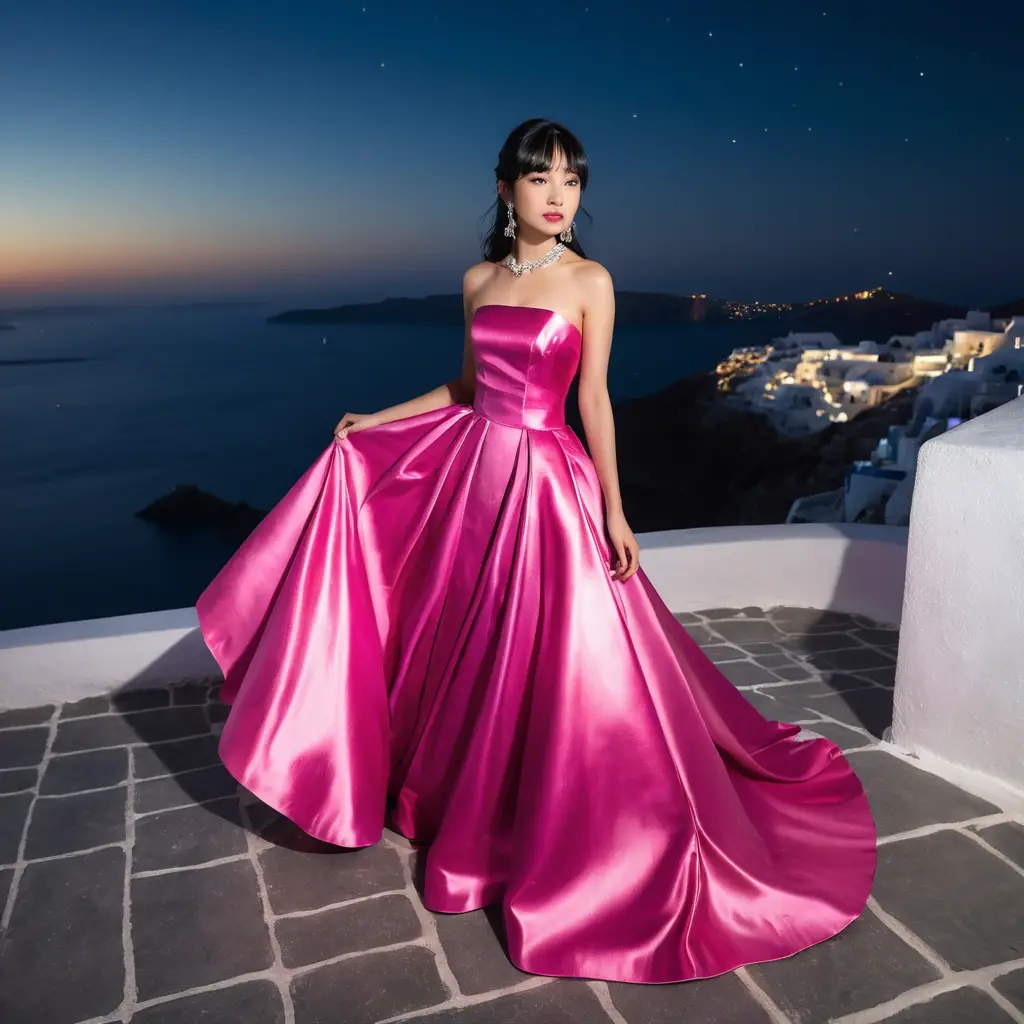 Jovem mulher em vestido de cetim rosa em Santorini à noite