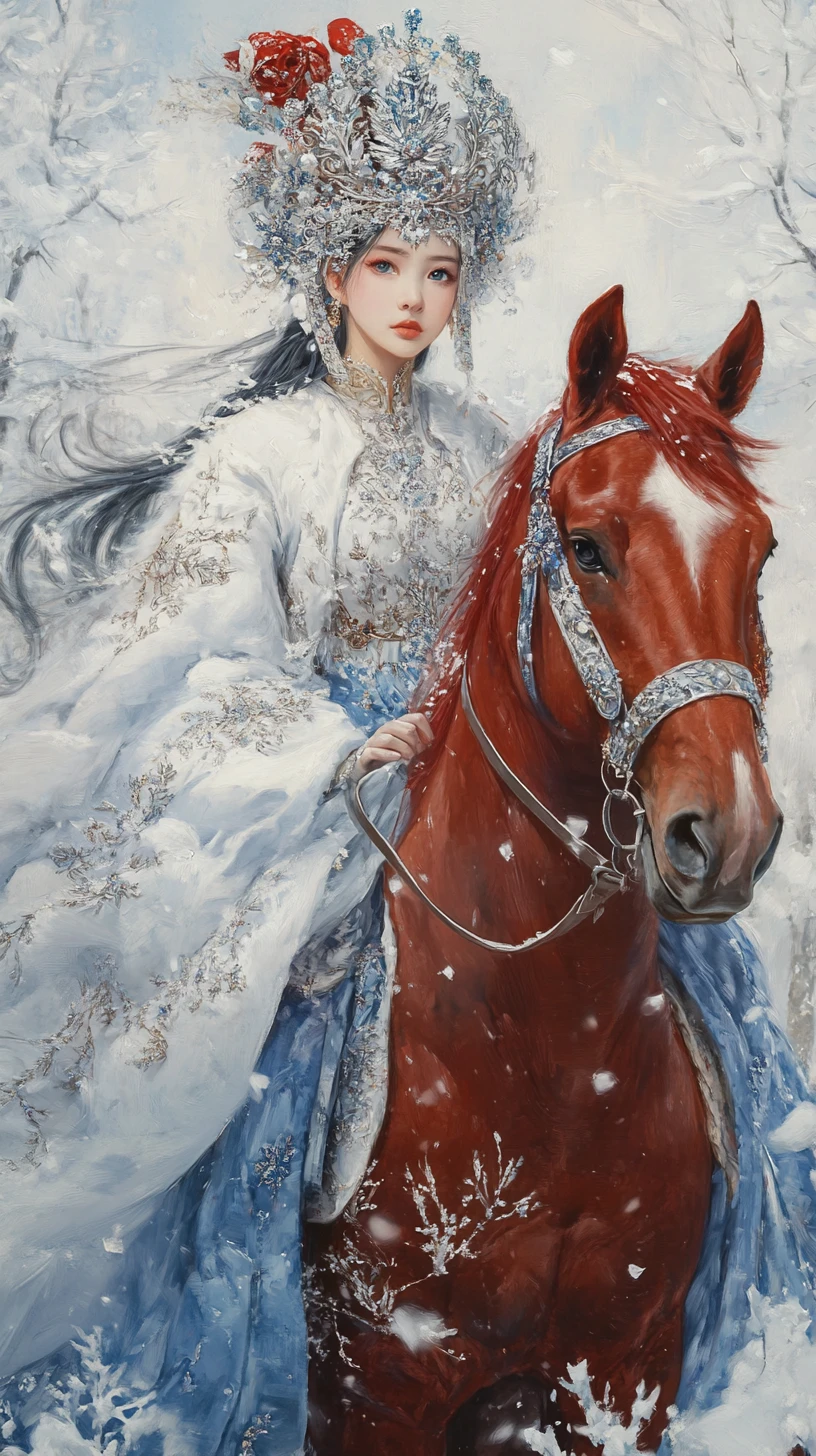Snow maiden riding a red horse through snowy forest