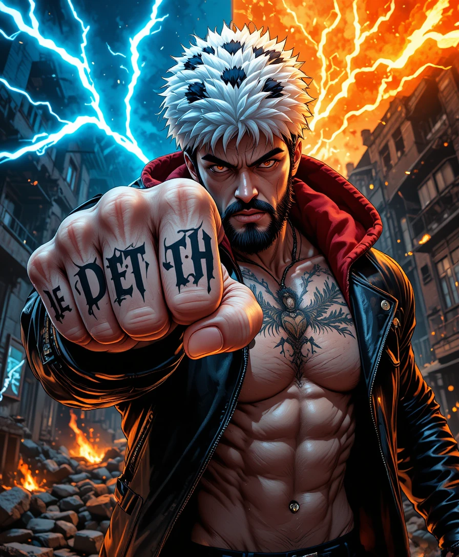 Guerreiro de anime desferindo um soco com energia urbana elétrica