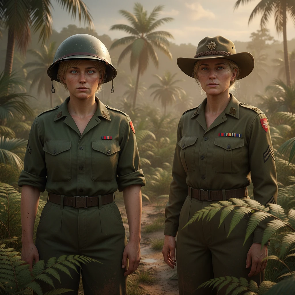 Mãe soldado australiana com a filha no campo de batalha da Papua