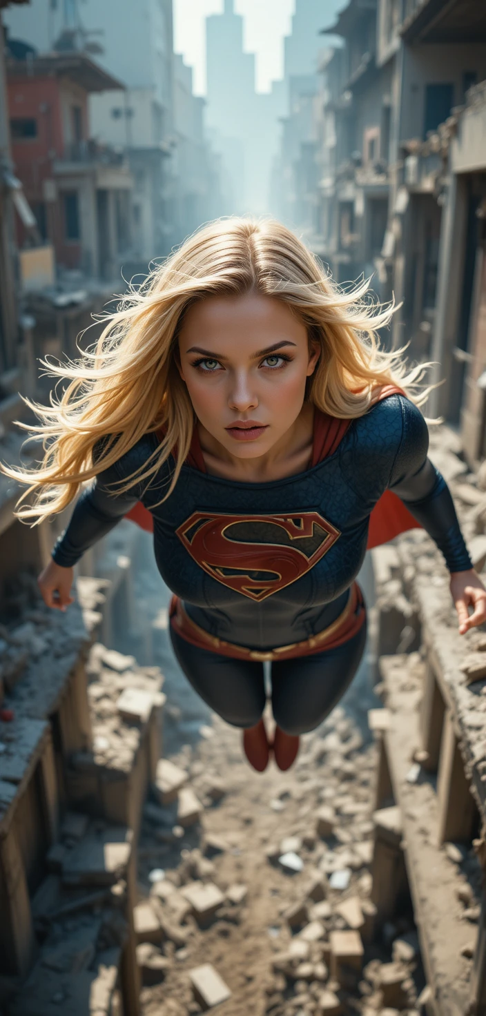 Retrato cinematográfico de uma super‑garota sobre uma cidade em ruínas