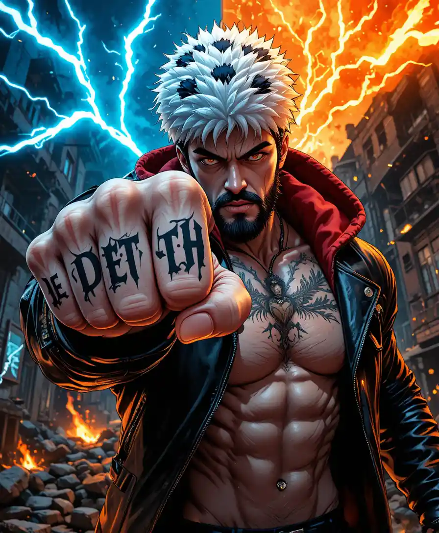 Anime warrior punching forward with electric urban energy