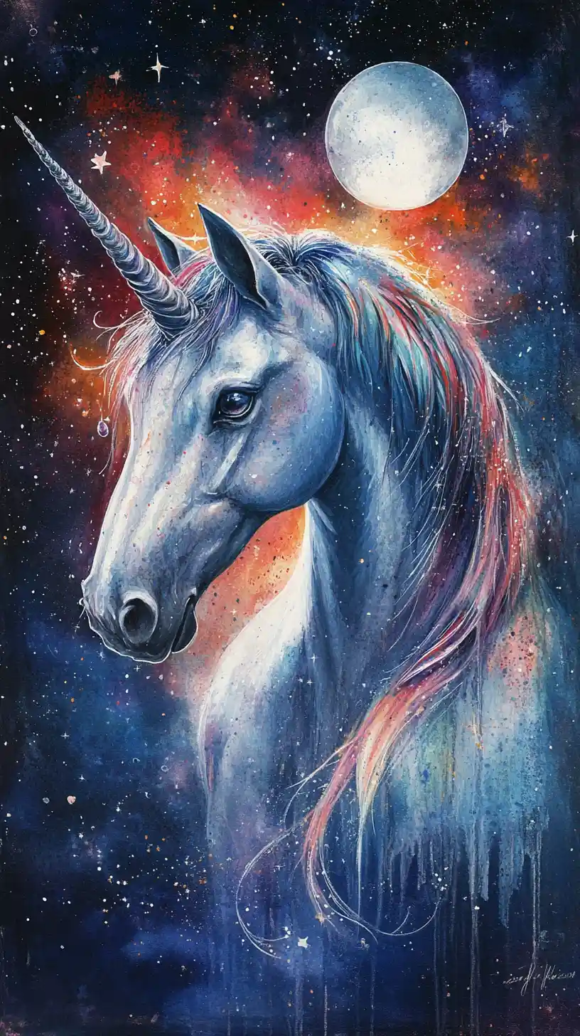 Retrato de unicórnio em aquarela sob um céu cósmico estrelado