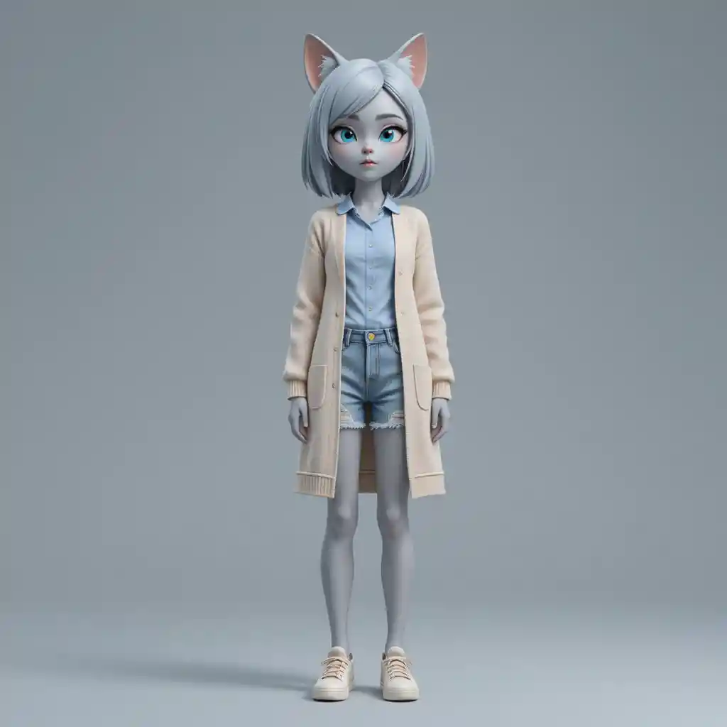 ニュートラルポーズの全身3Dアニメ猫耳女性