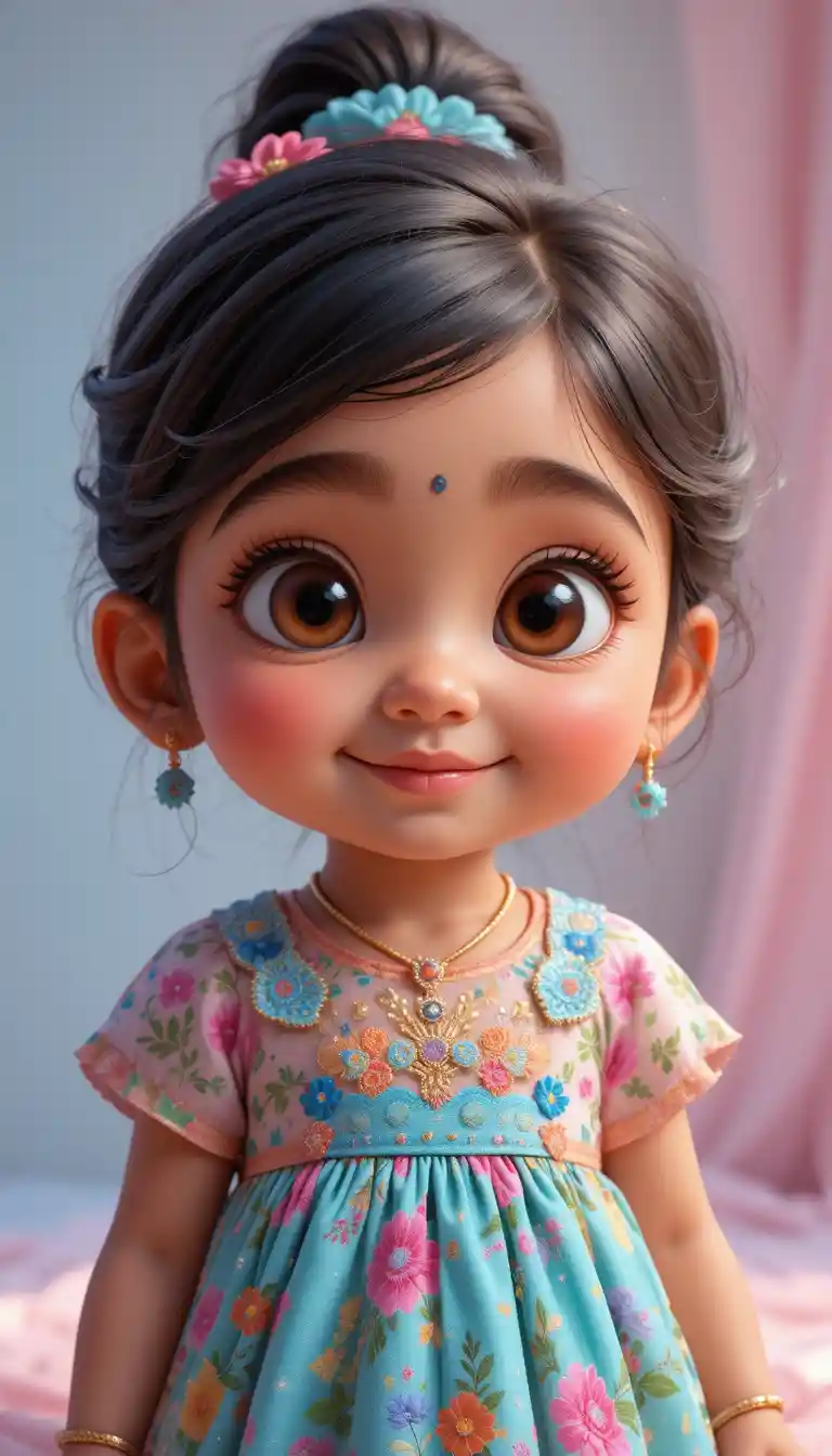 Smiling Indian toddler girl in colorful frock illustration