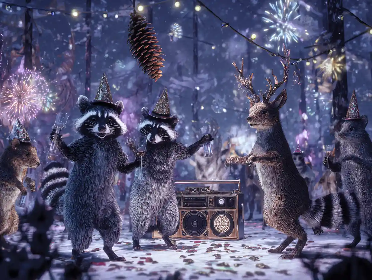 Party animals celebrating in a snowy forest clearing