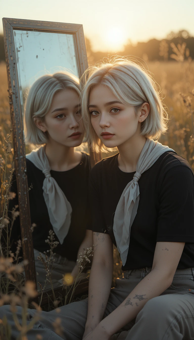 Young woman in a field at golden hour with mirror