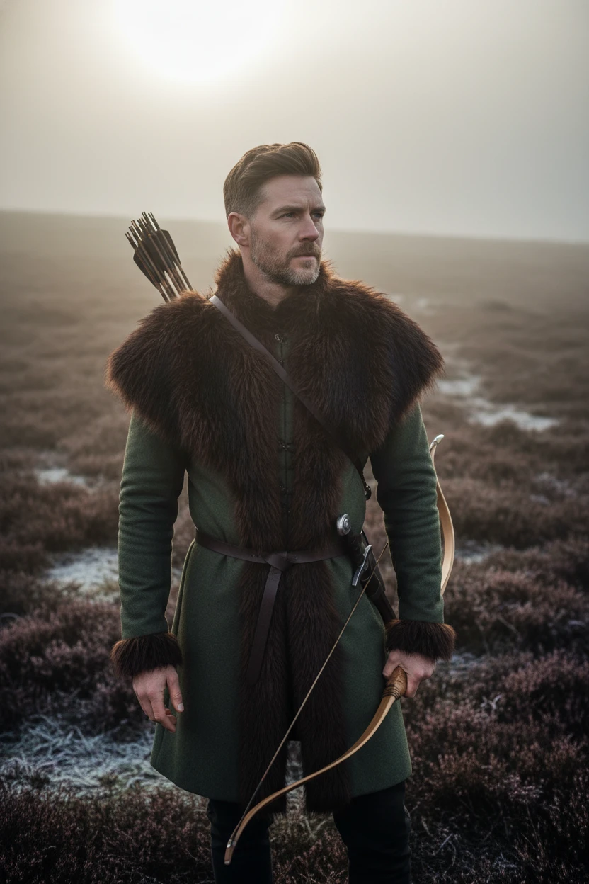 Serious middle aged archer on a misty winter moor