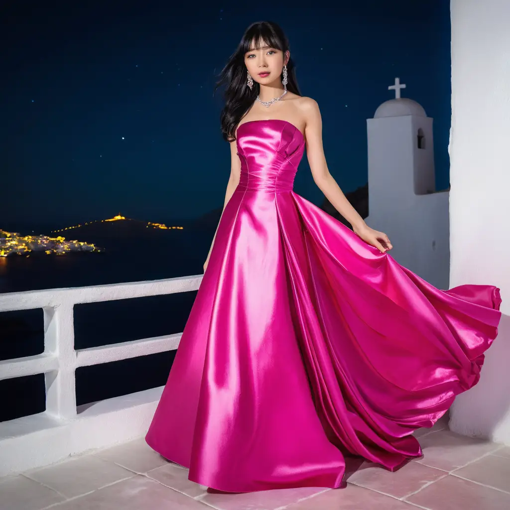 Mulher elegante em vestido de cetim rosa à noite em Santorini
