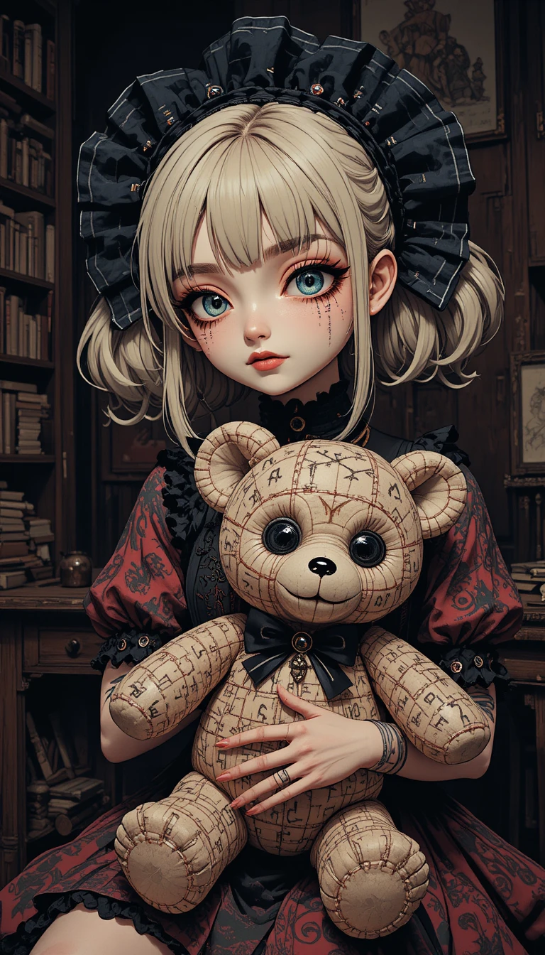 Garota anime gótica tipo boneca de pano segurando um urso vodu costurado
