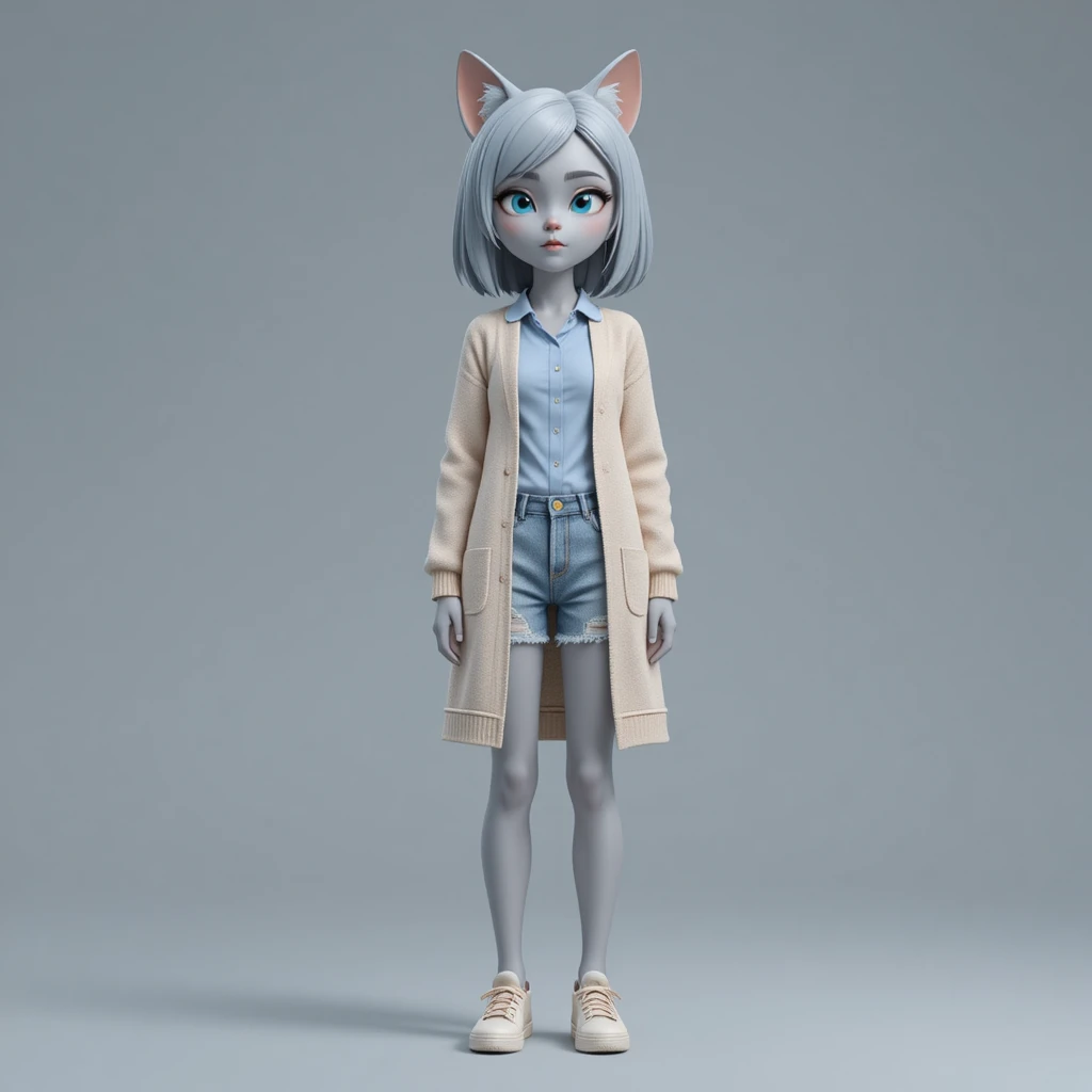 Mulher-gato 3D em estilo anime de corpo inteiro em pose neutra