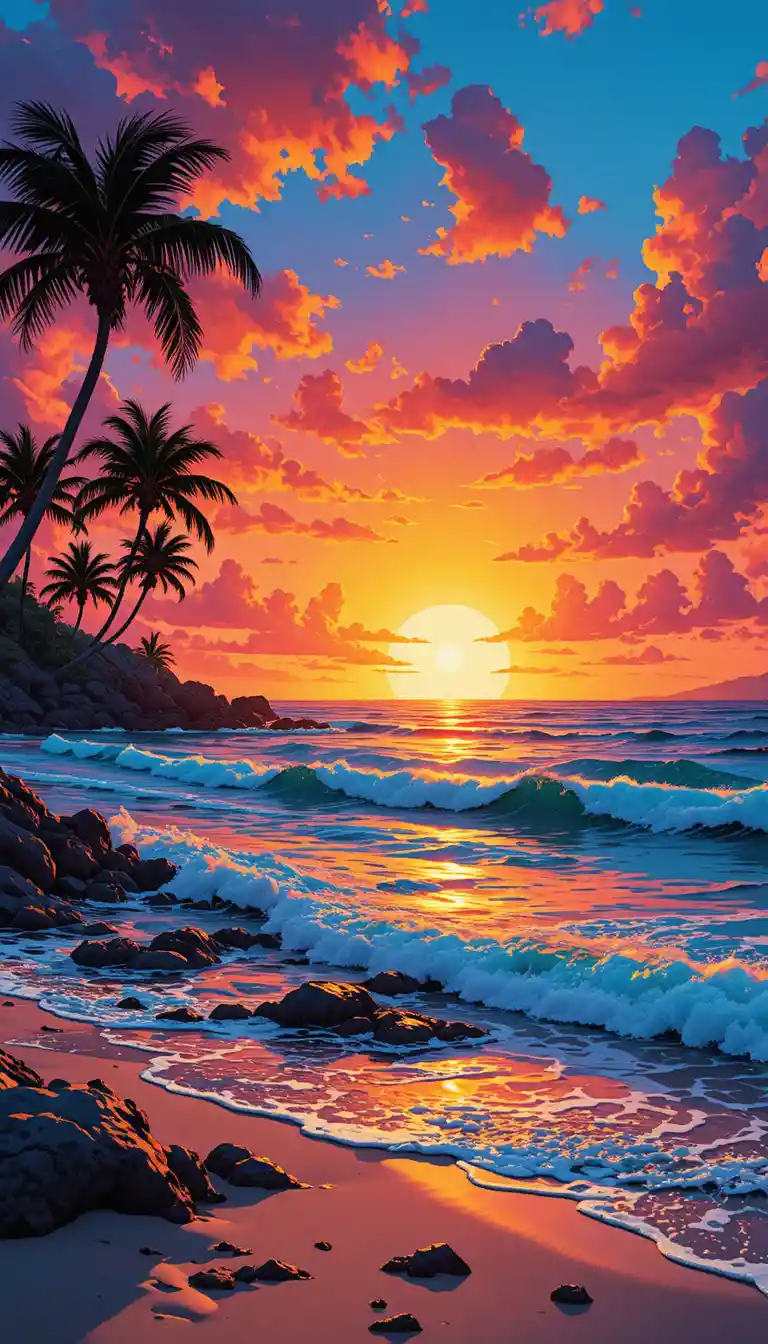 Hawaiian beach sunset with waterfall and palm silhouettes