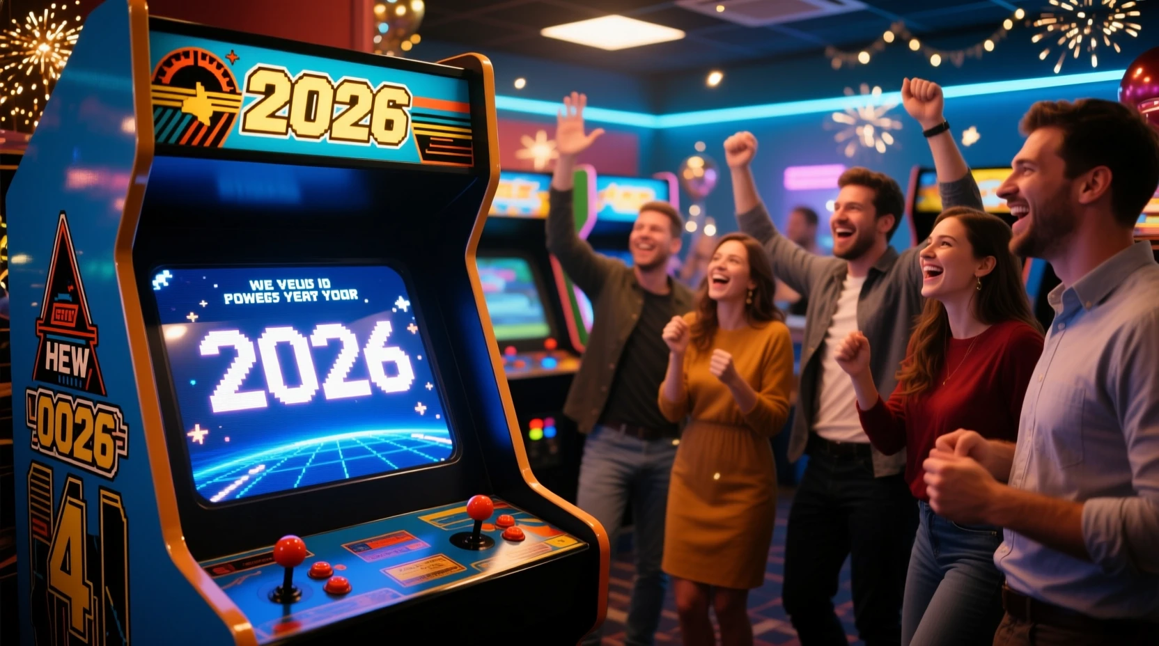 Des amis fêtent le Nouvel An dans une salle d’arcade rétro