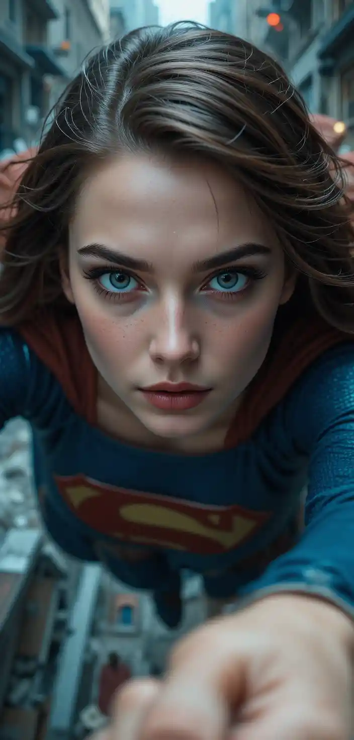 High angle cinematic portrait of a heroine in ruined city