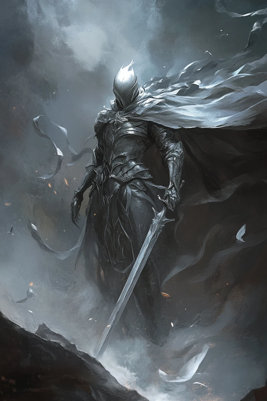 Ciborgue guardião prateado sob metal ao luar em constante mudança