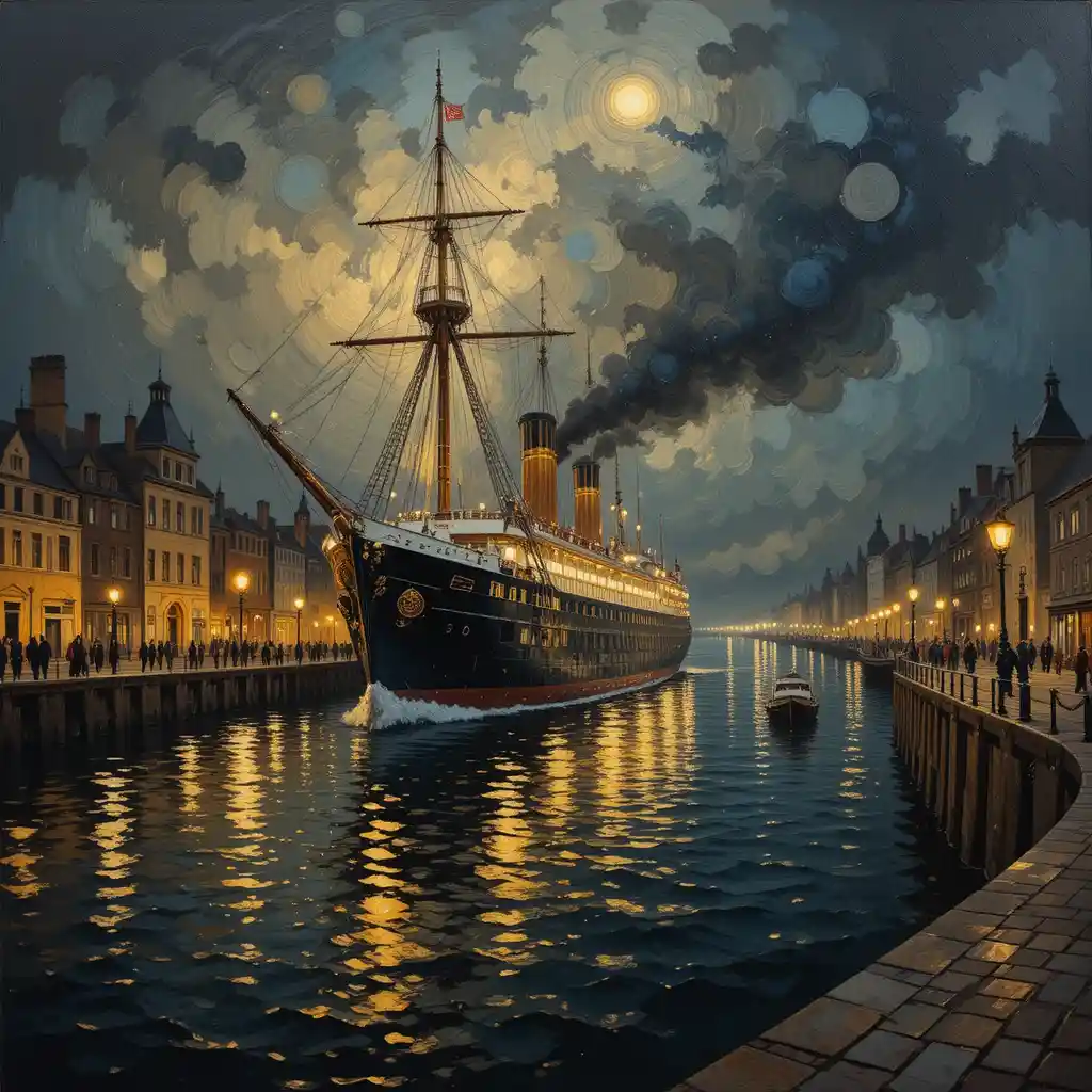 Majestätisches Schiff segelt nachts an einem viktorianischen Hafen vorbei