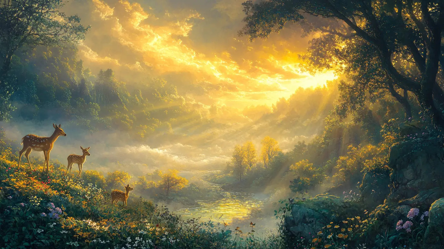 薄霧山林小溪旁的鹿與旭日晨曦