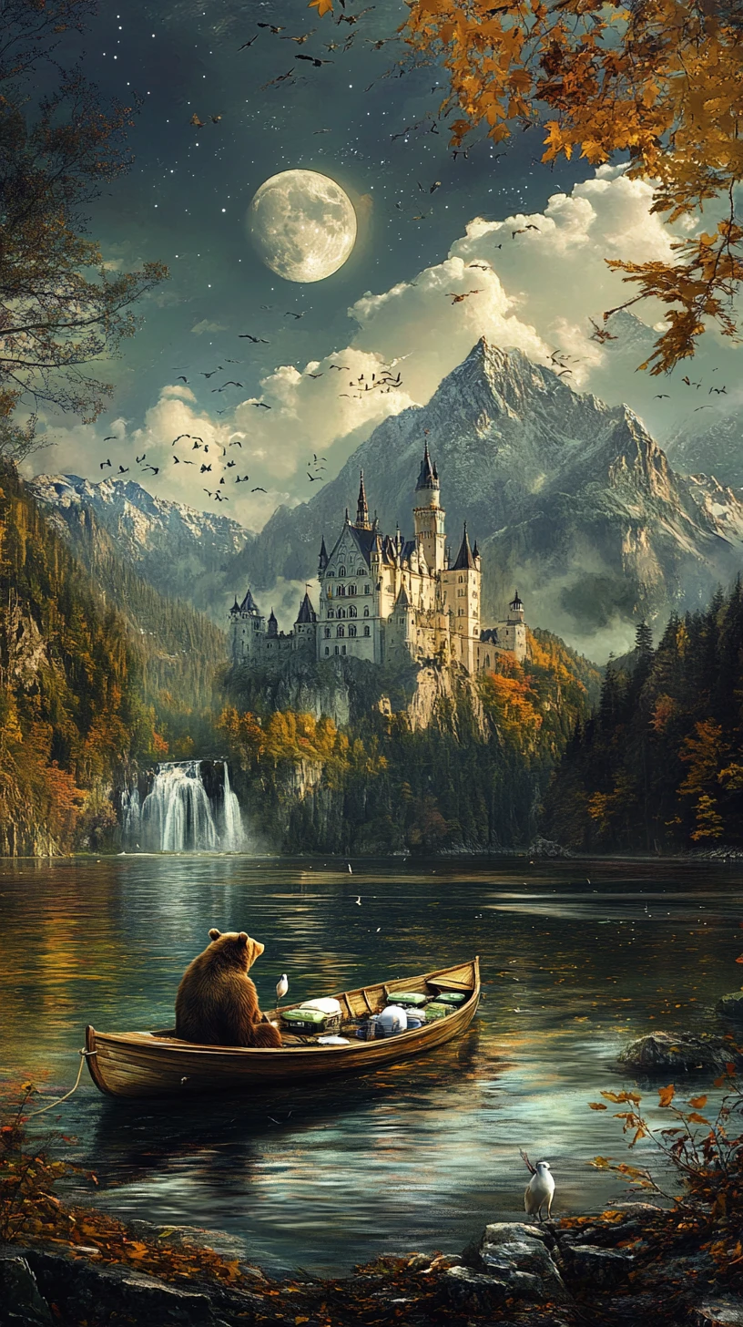 Brown bear fishing in a boat under a moonlit castle