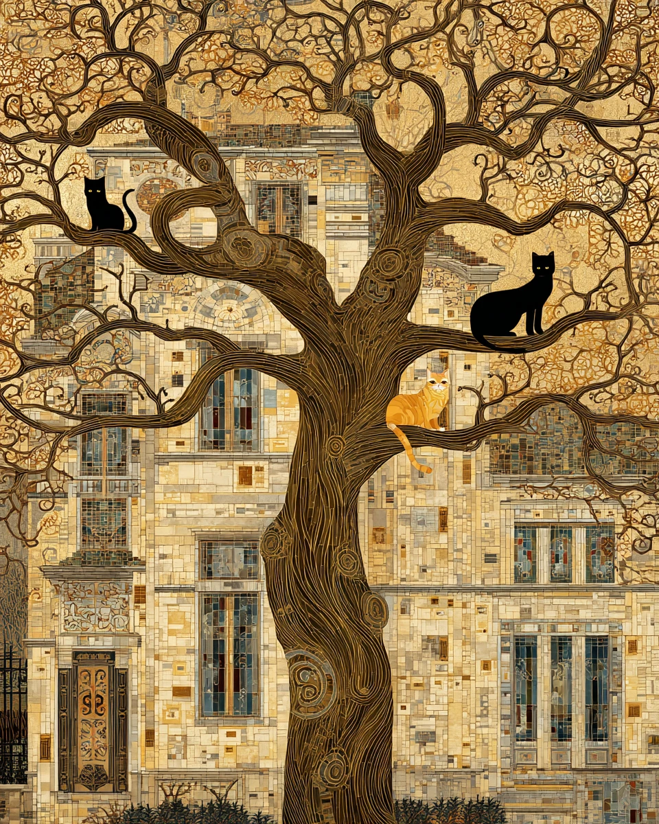 Dekorativer Herbstbaum und Katzen vor einem Steingebäude