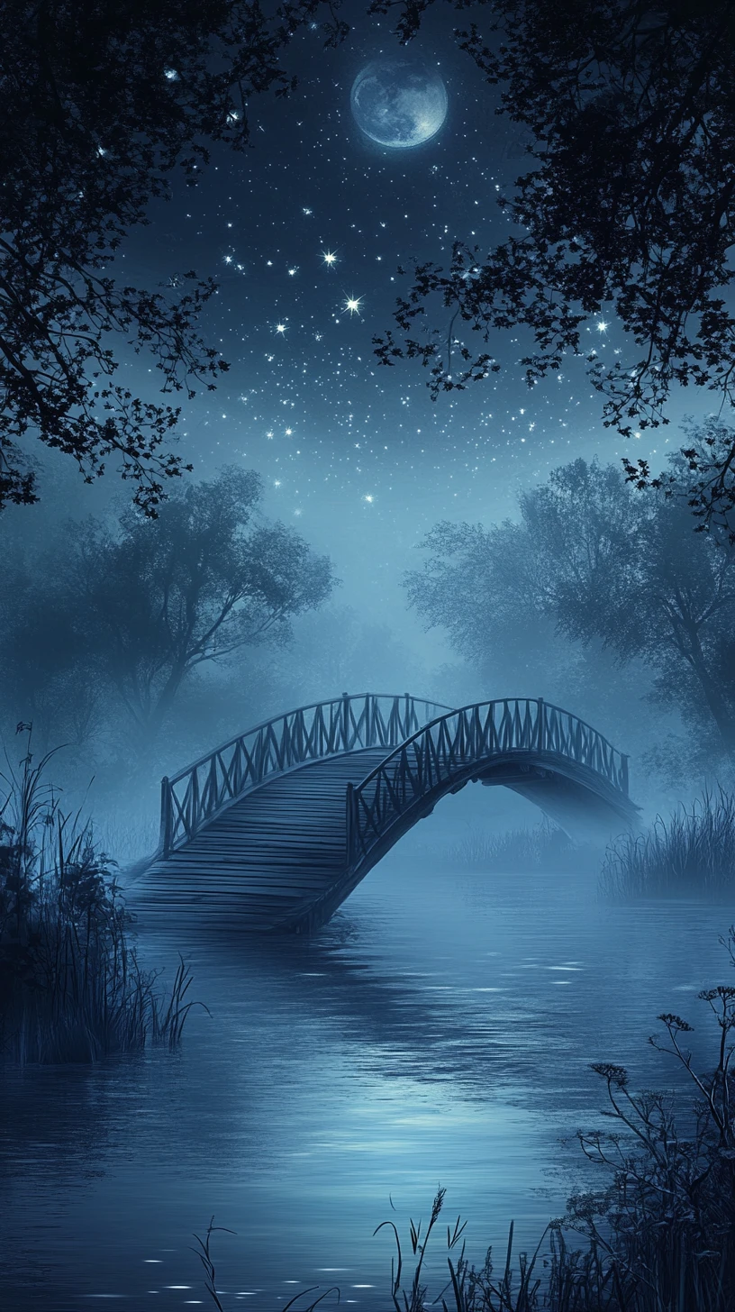 Ponte etereo su un placido lago illuminato dalla luna di notte