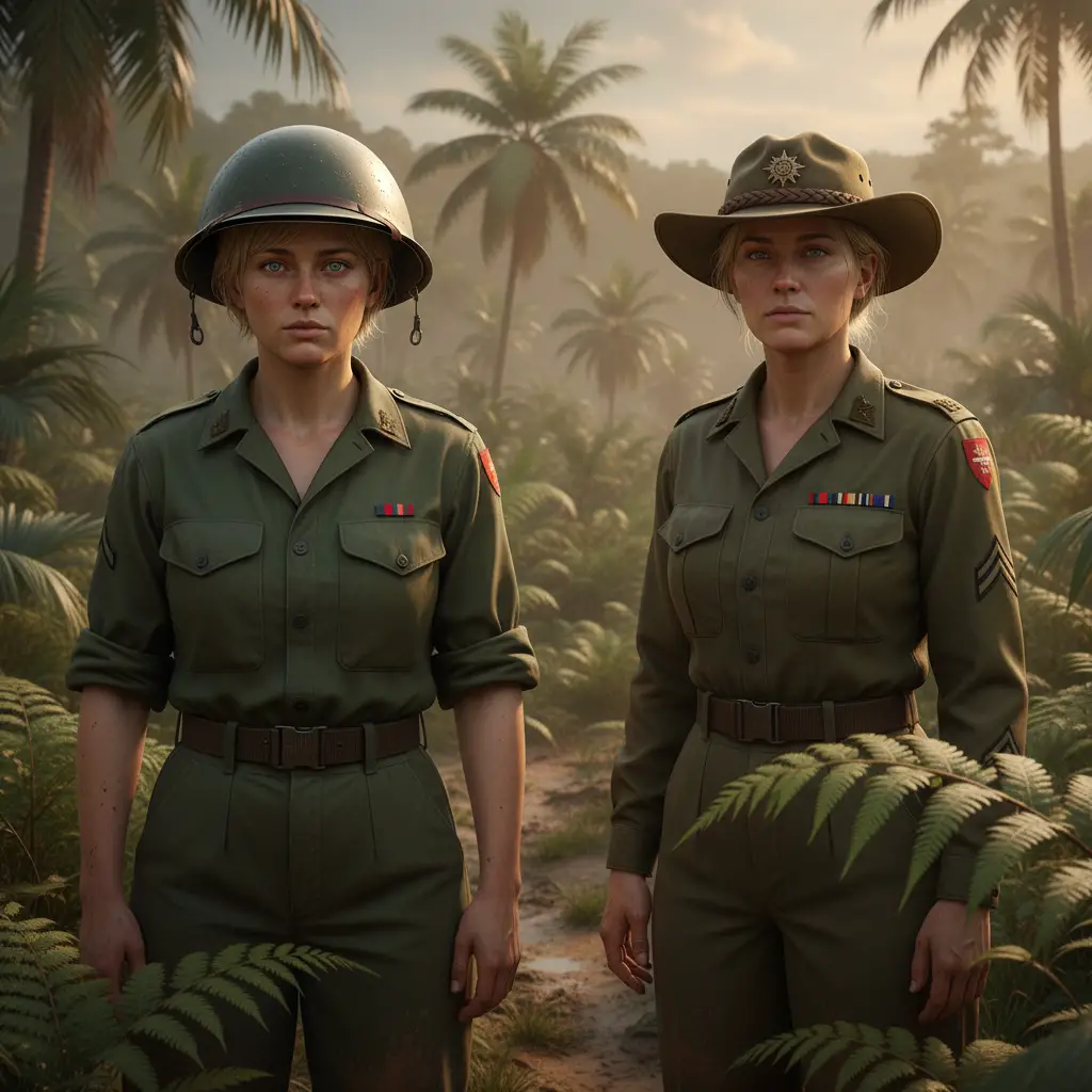 Mãe soldado australiana com a filha no campo de batalha da Papua