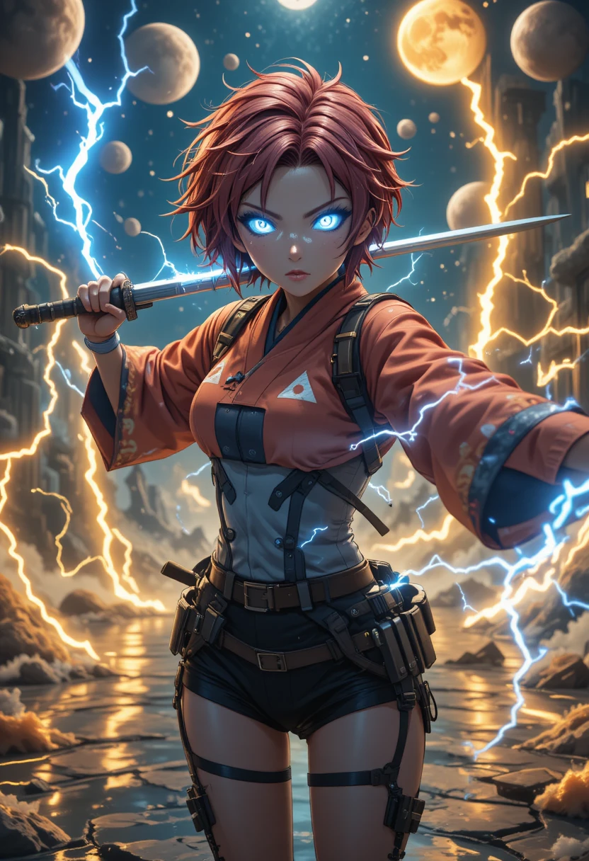 Guerreira de anime com aura divina de energia elétrica