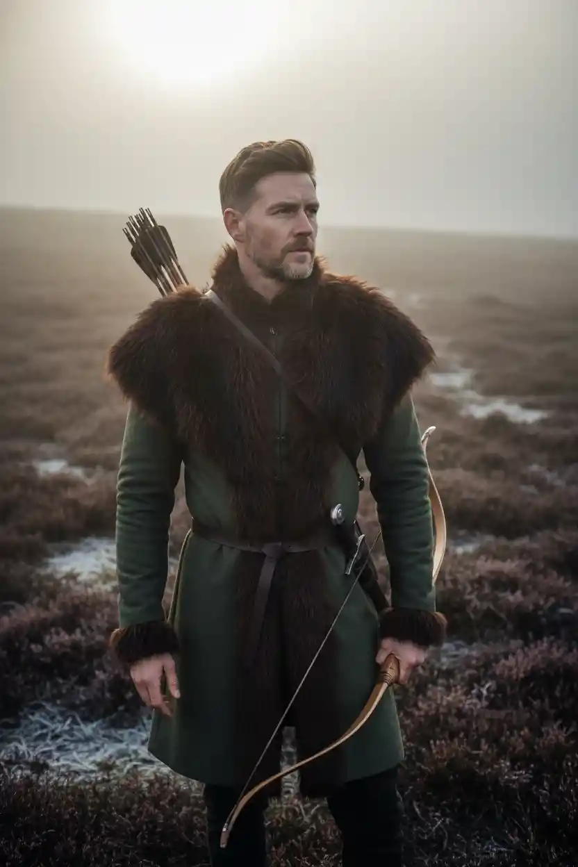 Serious middle aged archer on a misty winter moor