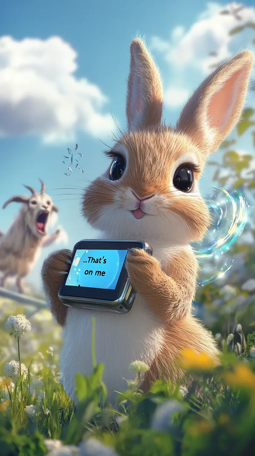 スマートウォッチをタップする好奇心いっぱいのウサギと光る草原ポータル