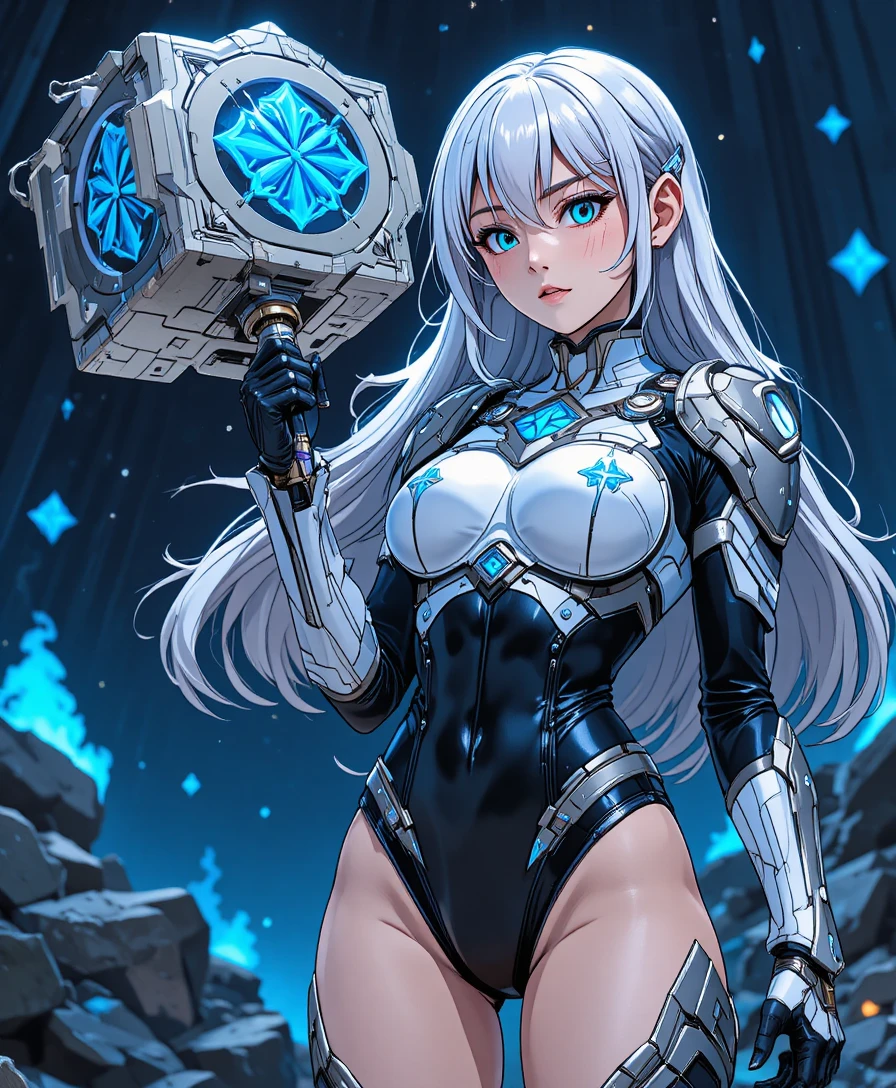 Anime battle girl with glowing mechanical warhammer in void