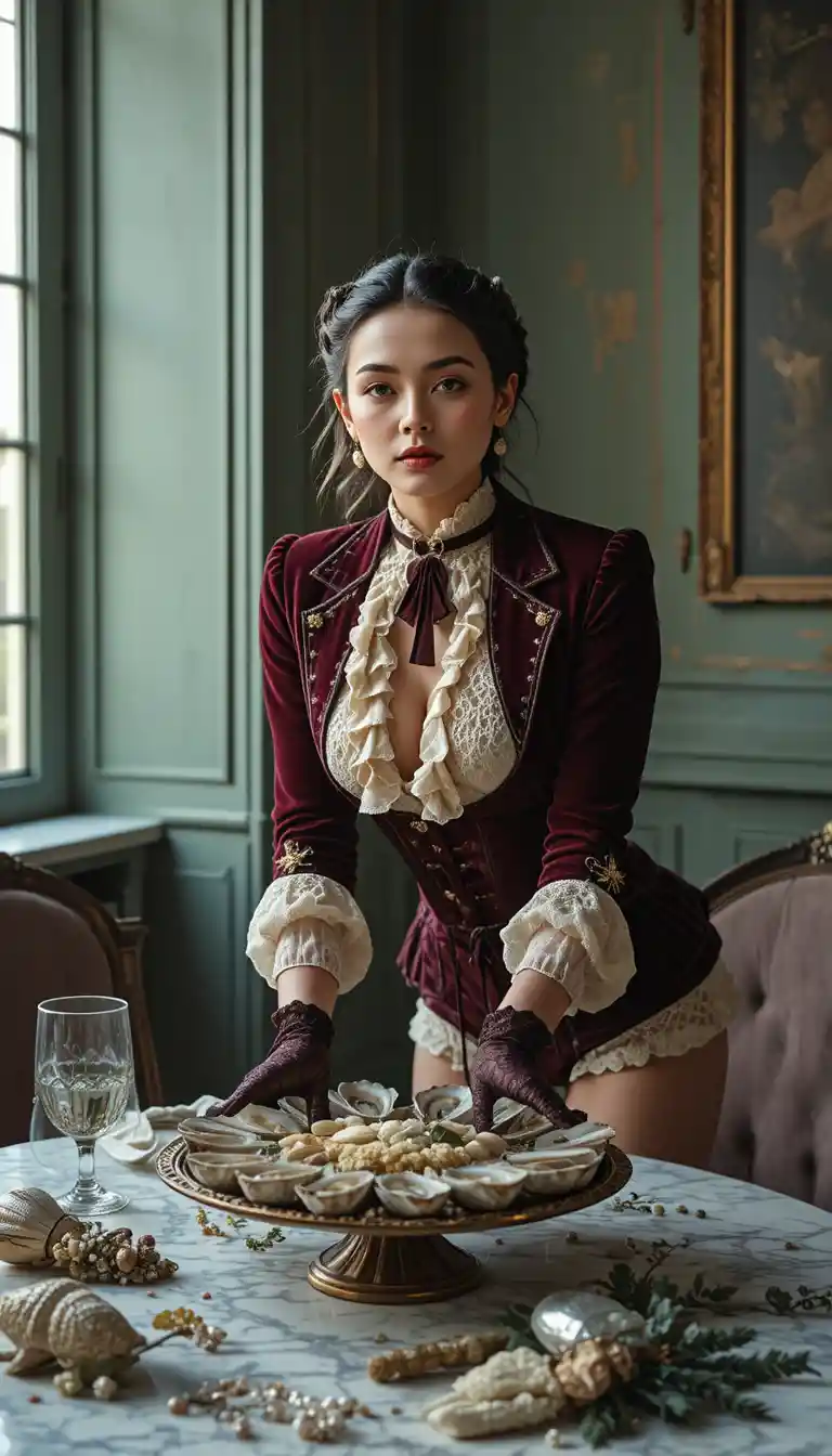 Elegant woman in velvet corset at marble dining table