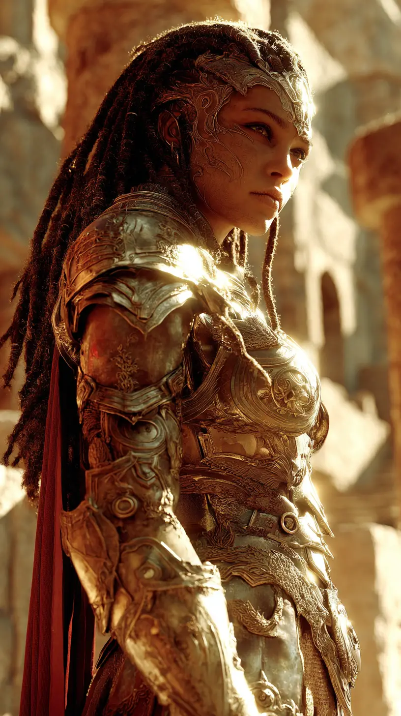 Alien warrior queen in a sunlit ancient stone courtyard