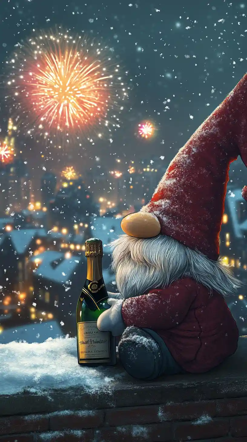 Cute gnome with champagne watching city new year fireworks