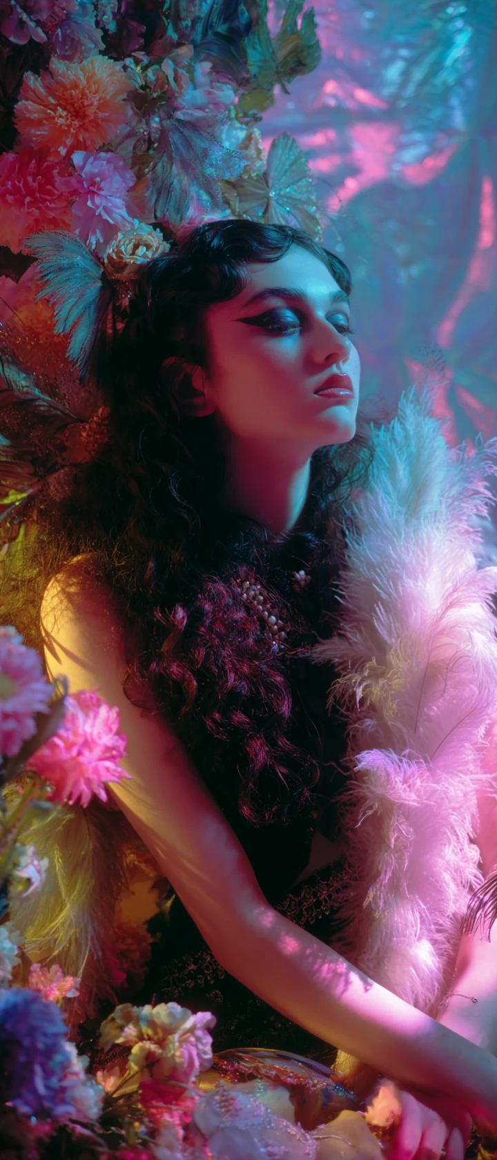 Mystical gothic woman in feathers and neon glow