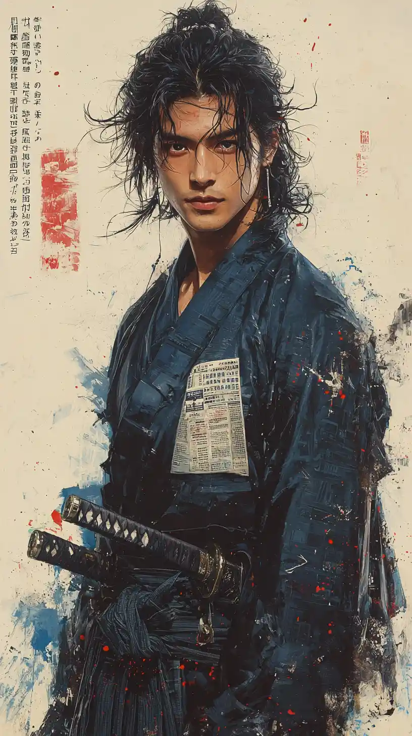 Soldado de anime con uniforme azul y katana de perfil