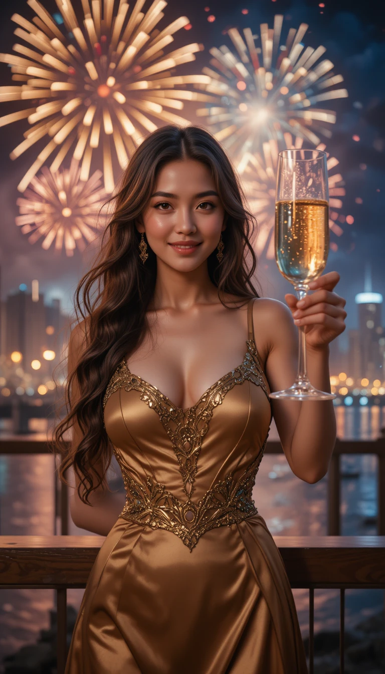Frau im goldenen Kleid stößt mit Champagner vor Feuerwerk an