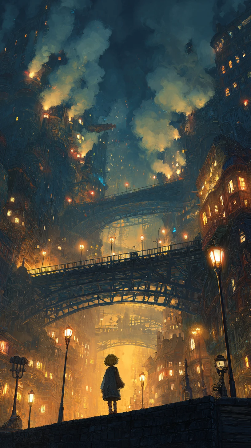 Lonely girl on a steampunk city street under glowing lights