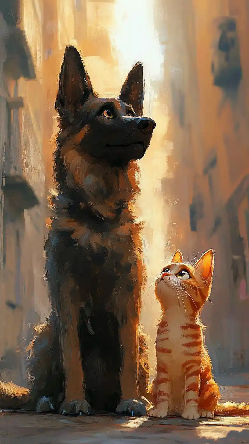Curious dog and cat in a soft post apocalyptic cityscape