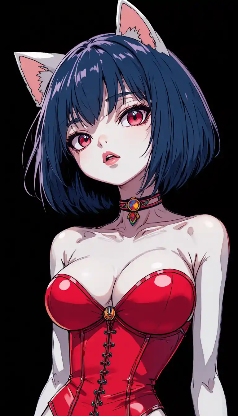 Fille chat anime en corset rouge en PVC en contre-plongée