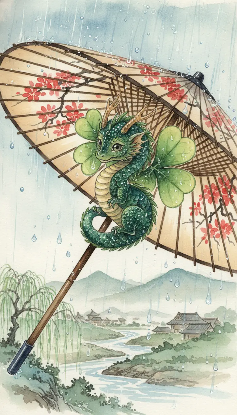 雨の中で傘の上に休む小さな水彩ドラゴン