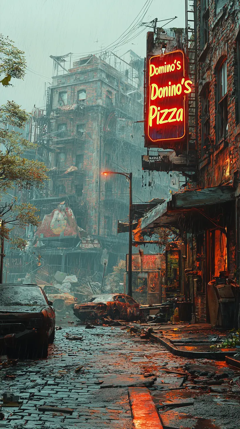 Rue de ville post-apocalyptique avec enseigne de pizza au néon lumineuse