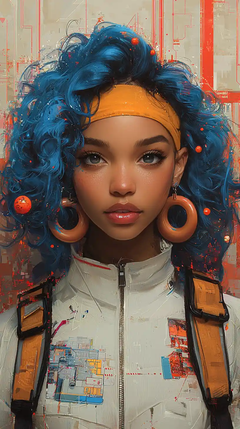Blue haired woman in a futuristic red and orange landscape