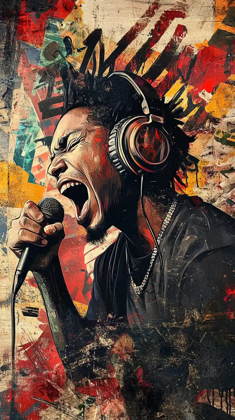 Hip hop singer performing into a vintage studio microphone