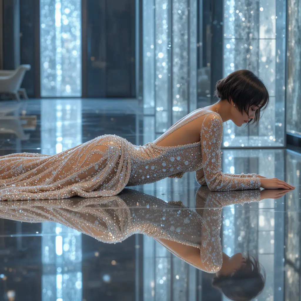 Glamorous woman in crystal gown on reflective floor