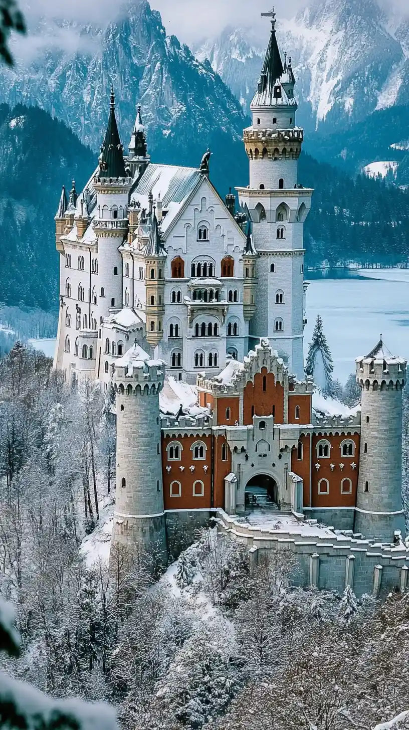 Majestic medieval castle in snowy glowing mountain landscape