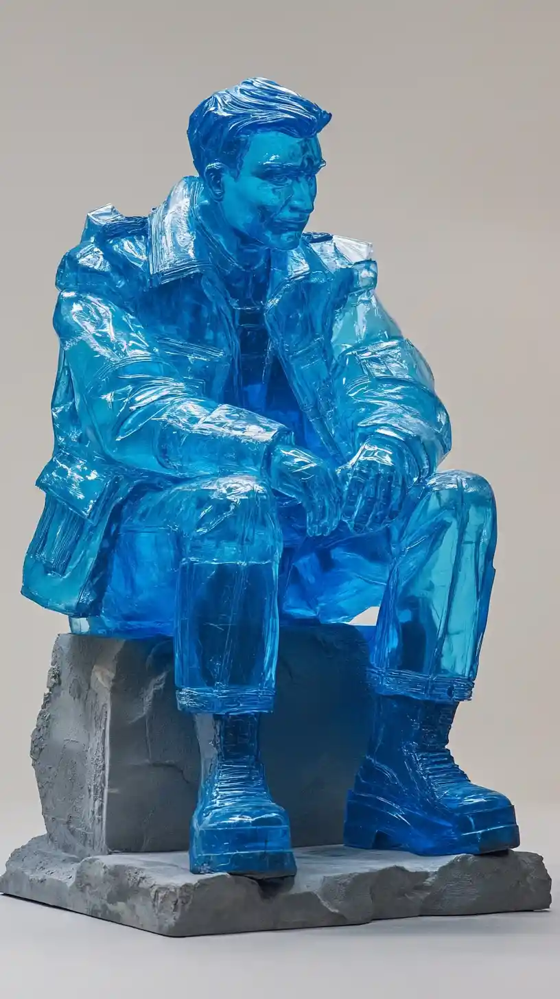 Translucent blue seated figure sculpture on stone base
