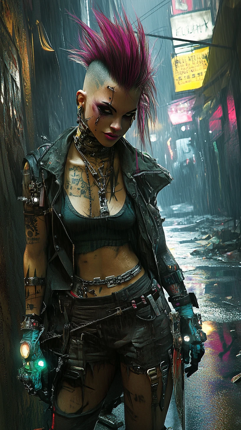 Mulher cyberpunk posando em um beco de graffiti iluminado por néon