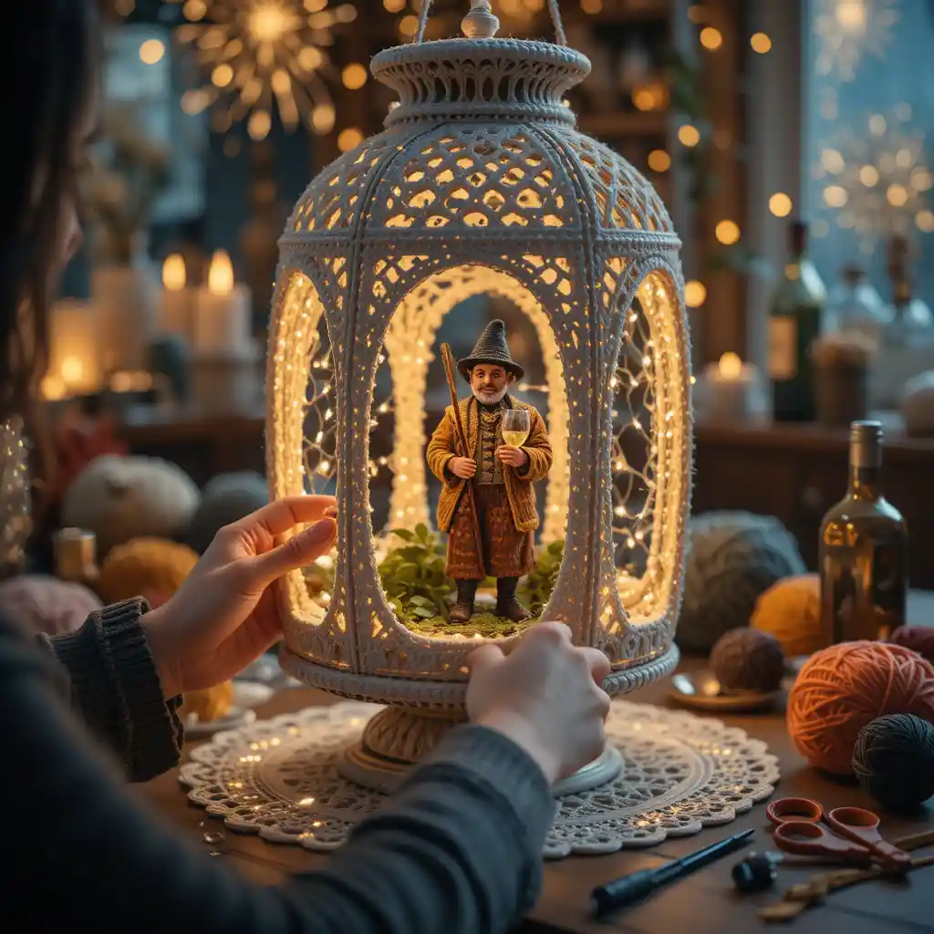 Gros plan sur un ouvrage au crochet créant une lanterne festive de Nouvel An
